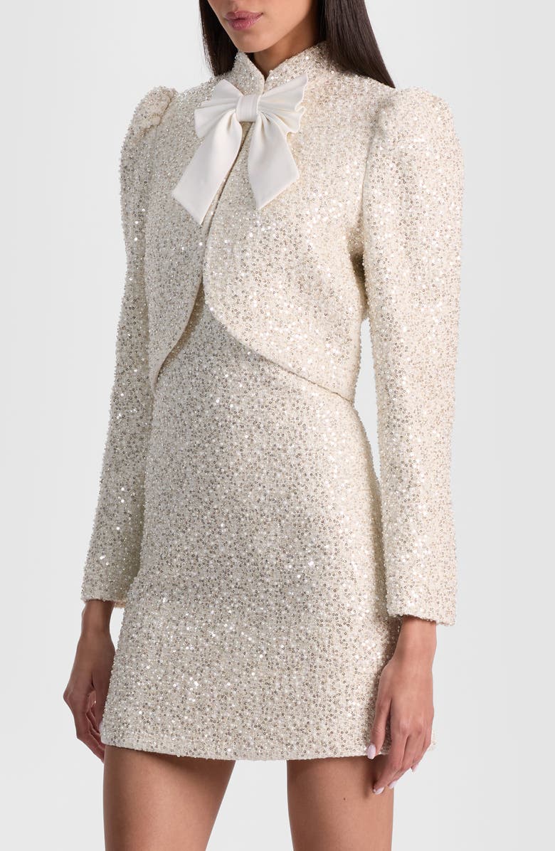 Alice + Olivia Ilaria Sequin & Bead Embellished Crop Jacket with Bow, Alternate, color, Off White