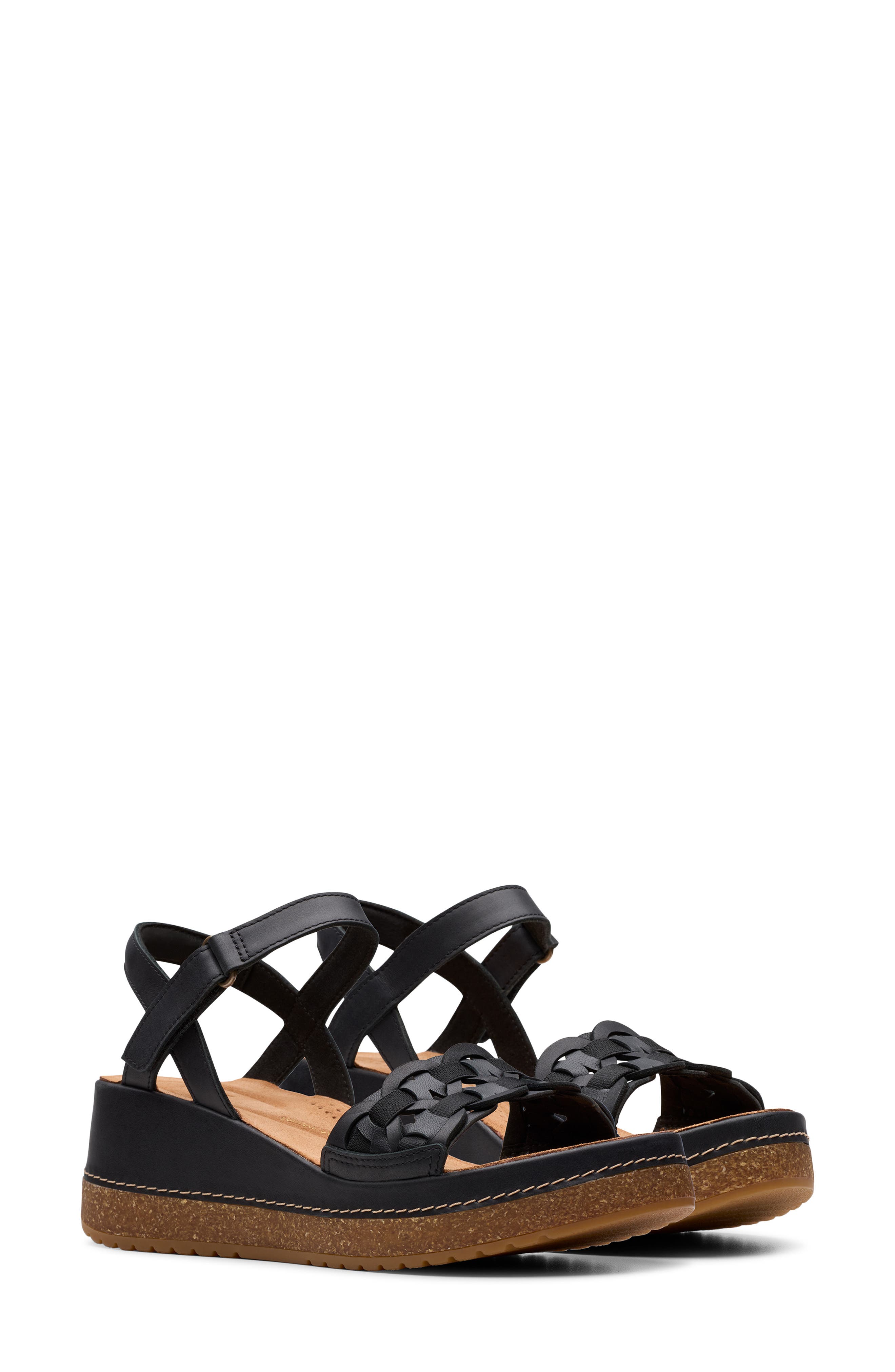 Clarks<sup>®</sup> Kassanda Wedge Sandal, Alternate, color, Black Leather