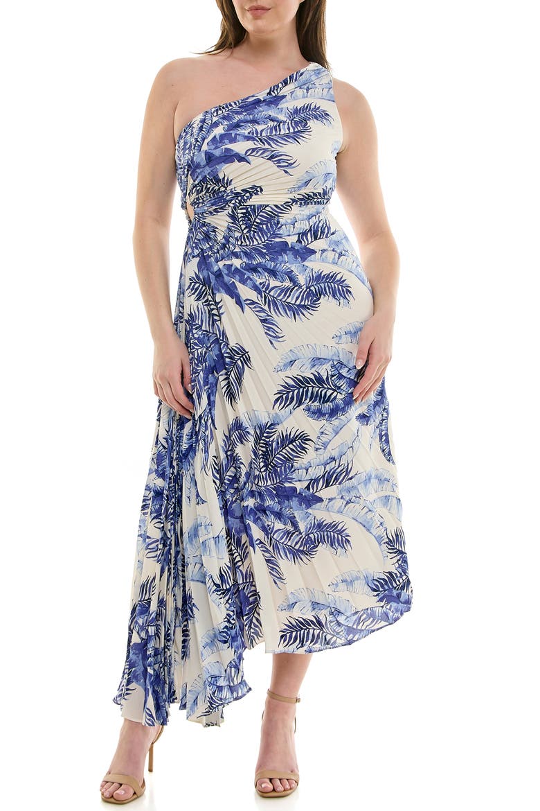 One Shoulder Pleat Dress, Main, color, NAVY PRINT