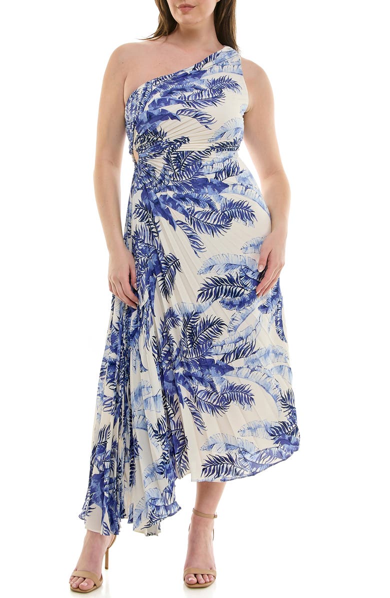 Nicole Miller One Shoulder Pleat Dress, Main, color, Navy Print