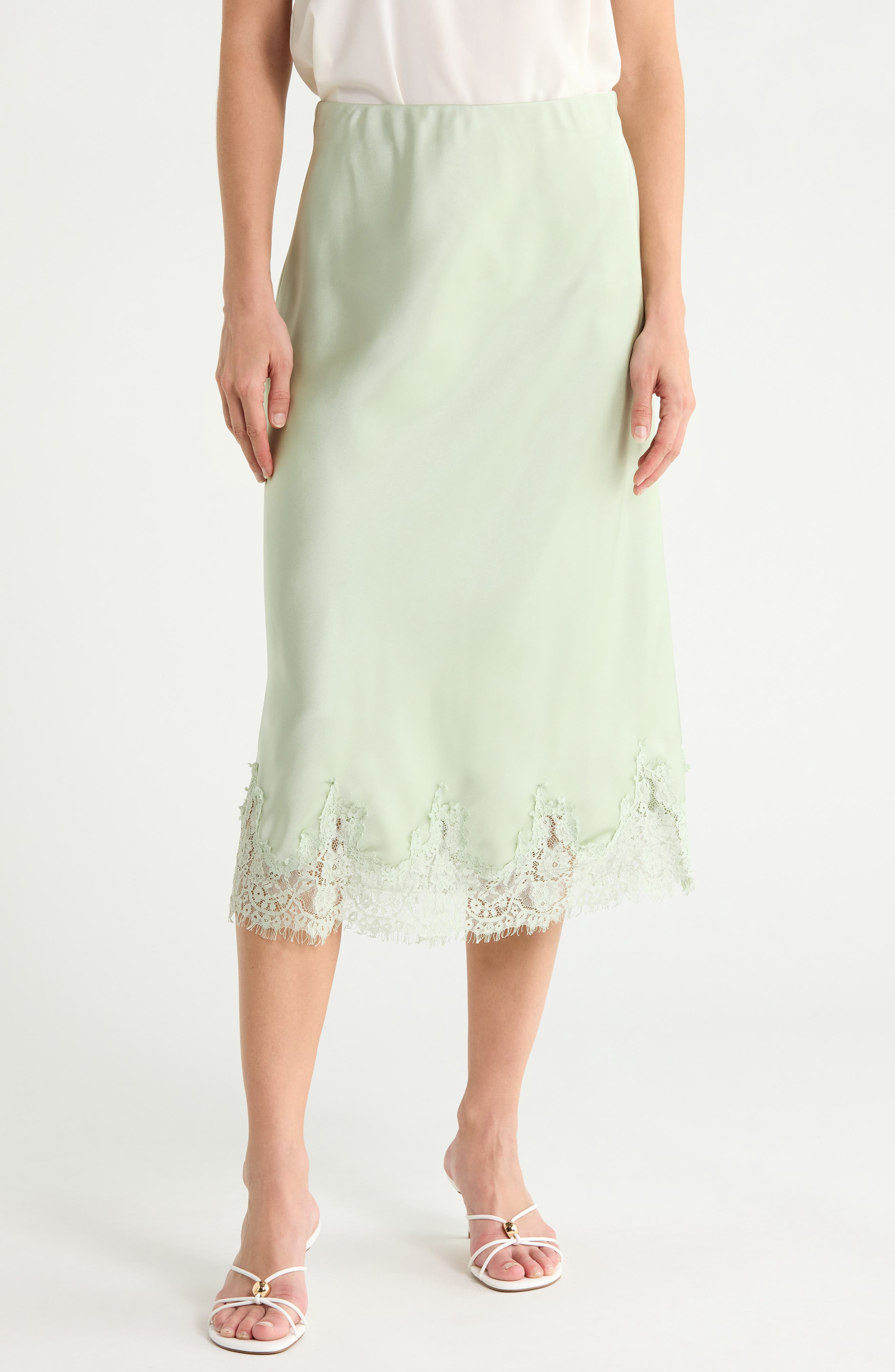 Lace Hem Satin Midi Skirt