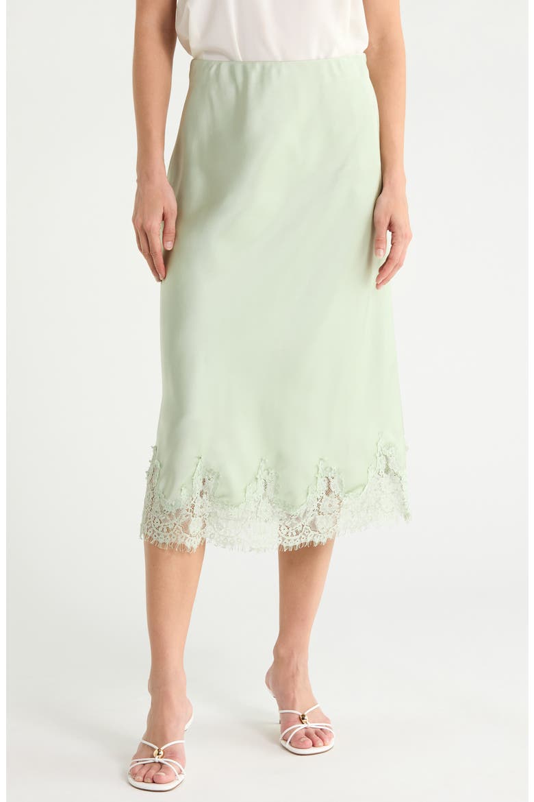 Lace Hem Satin Midi Skirt, Main, color, PISTACHIO