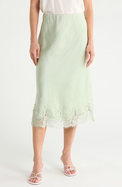 Lace Hem Satin Midi Skirt