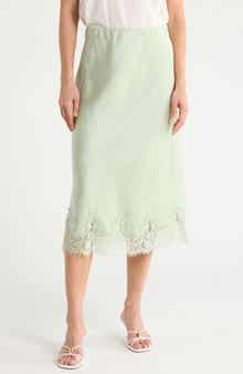 Lace Hem Satin Midi Skirt