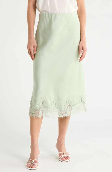 Lace Hem Satin Midi Skirt