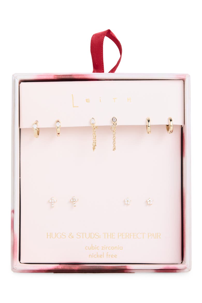 Set of 5 Cubic Zirconia Baguette Stud & Hoop Earrings, Main, color, CLEAR- GOLD