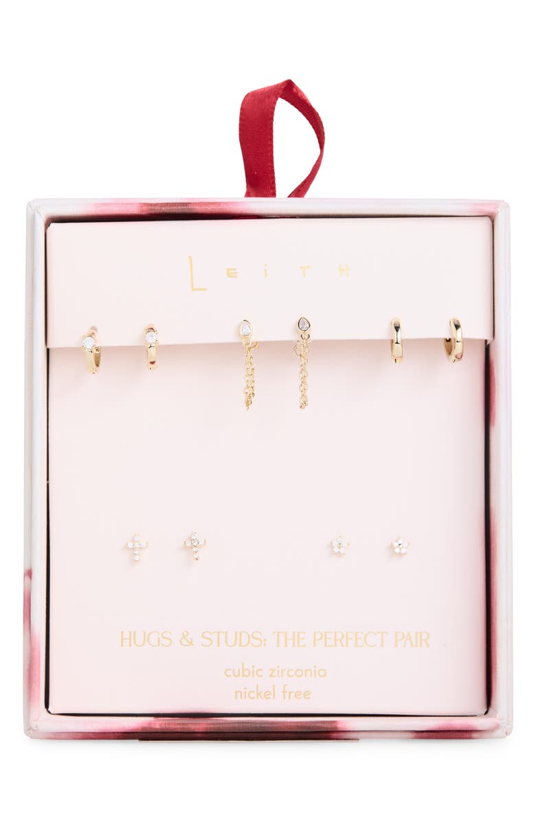 Leith Set of 5 Cubic Zirconia Baguette Stud & Hoop Earrings, Main, color, Clear- Gold