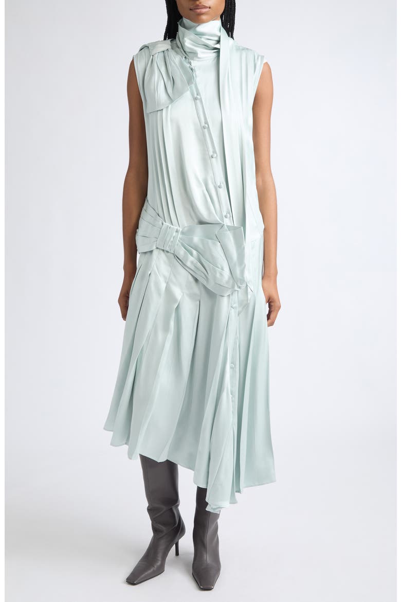 Devyn Silk Blend Satin Bow Midi Dress, Alternate, color, AQUA BLUE