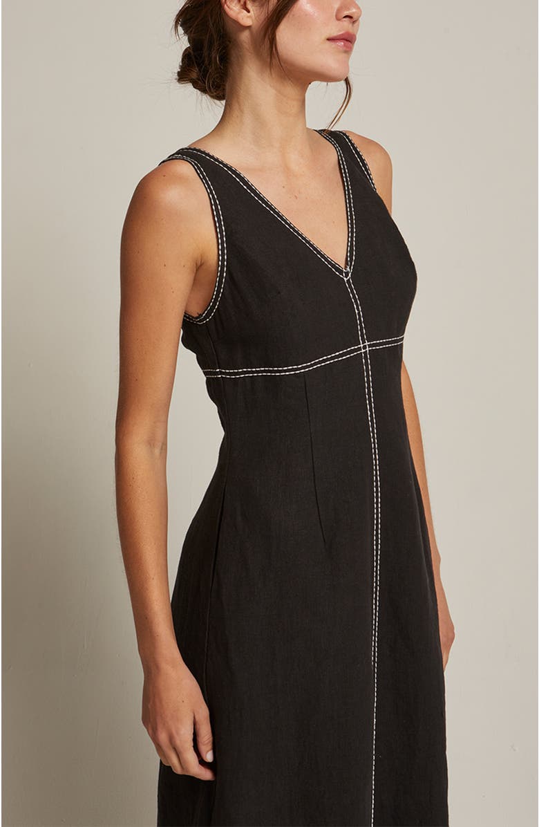 CRESCENT Embroidered Contrast Stitch Linen Midi Dress, Alternate, color, 