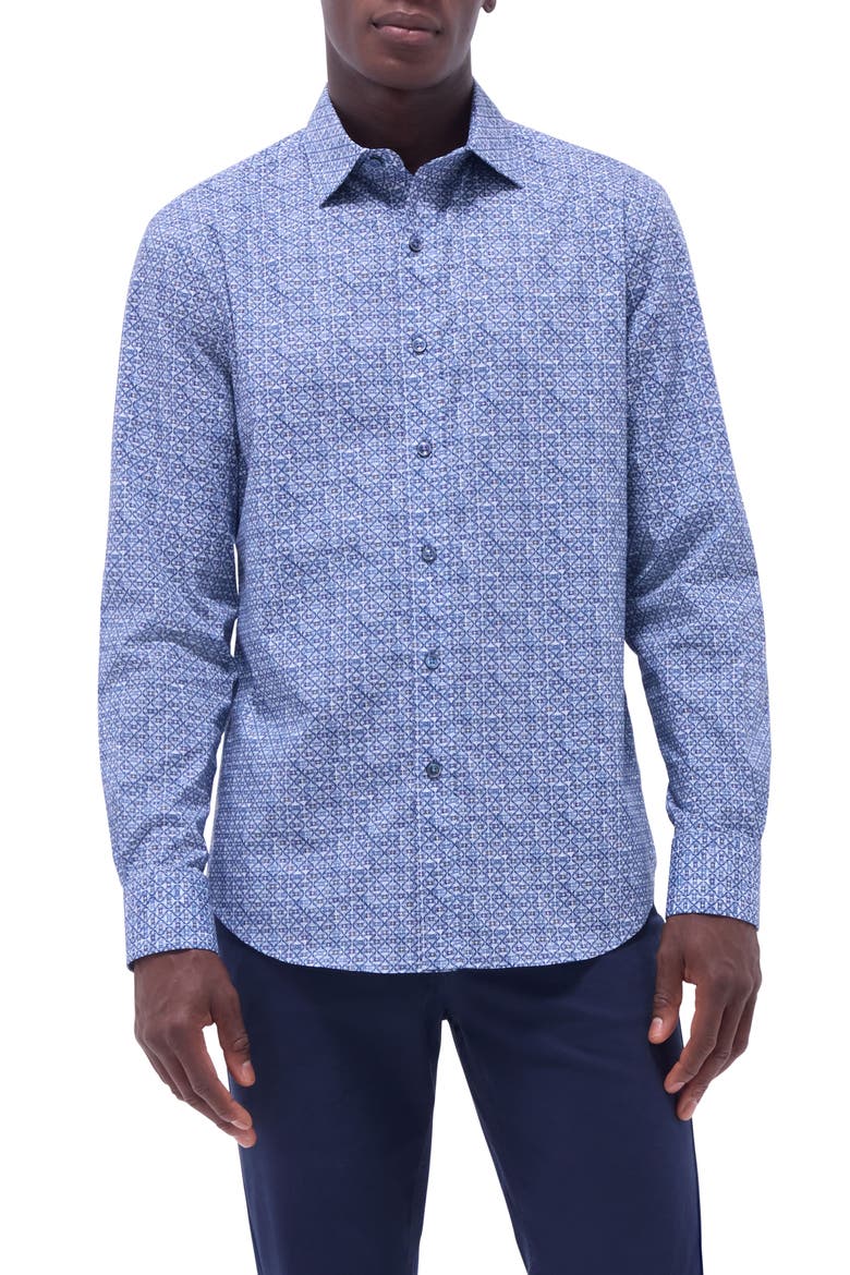 Axel Ogee Print Shaped Fit Stretch Cotton Button-Up Shirt, Main, color, STEEL