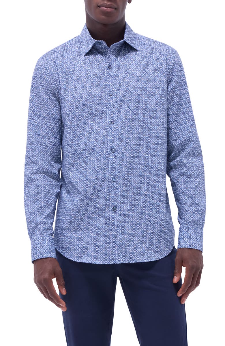 Bugatchi Axel Ogee Print Shaped Fit Stretch Cotton Button-Up Shirt, Main, color, Steel
