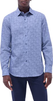 Bugatchi Axel Ogee Print Shaped Fit Stretch Cotton Button-Up Shirt