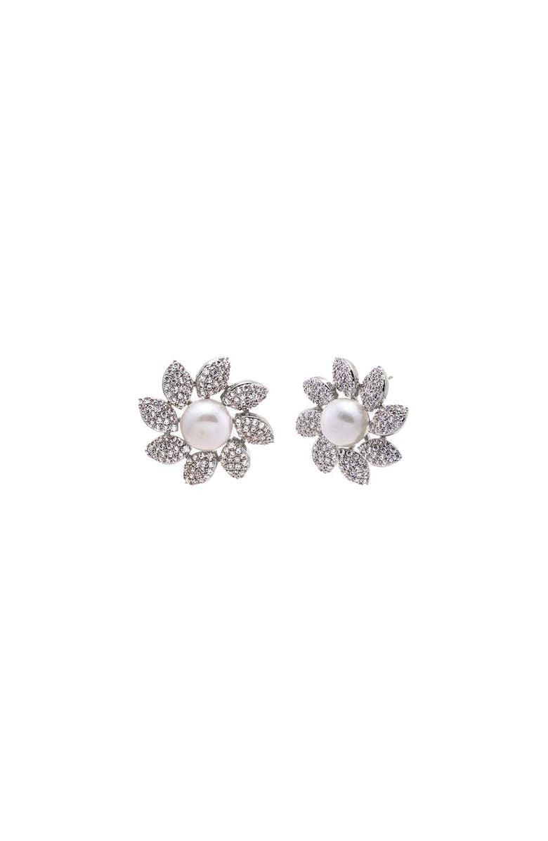 BY ADINA EDEN Silver Floral Pearl Stud Earring, Main, color, Silver