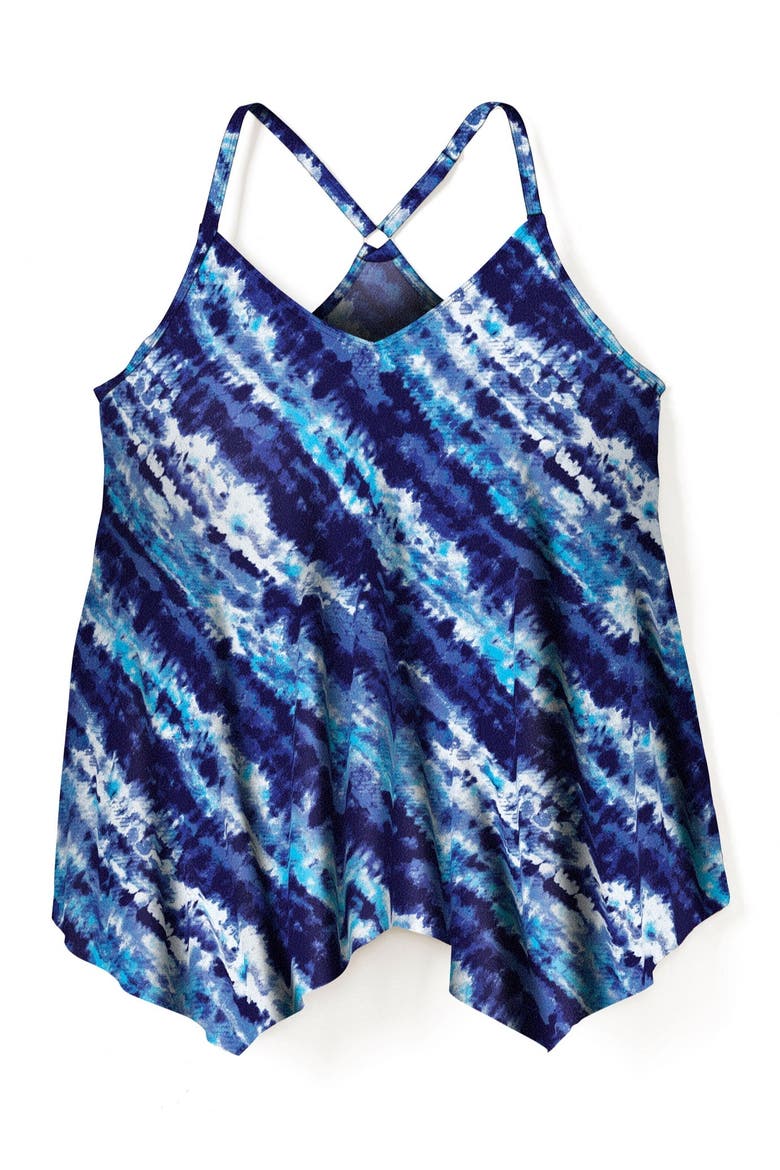 Longer Length Draped Mesh Racerback Tankini Top, Alternate, color, BLUE WATERCOLOR STRIPE