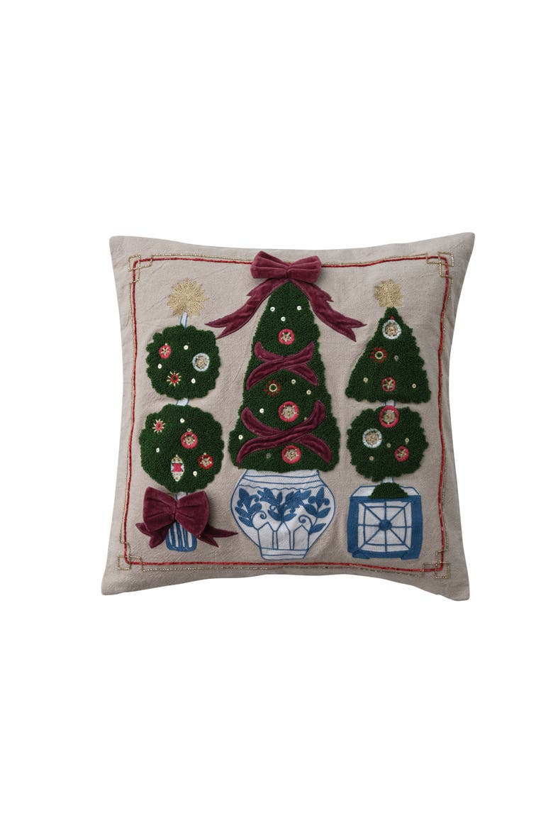 Chambray Cotton Pillow with Velvet Bow Applique, Alternate, color, Multicolor
