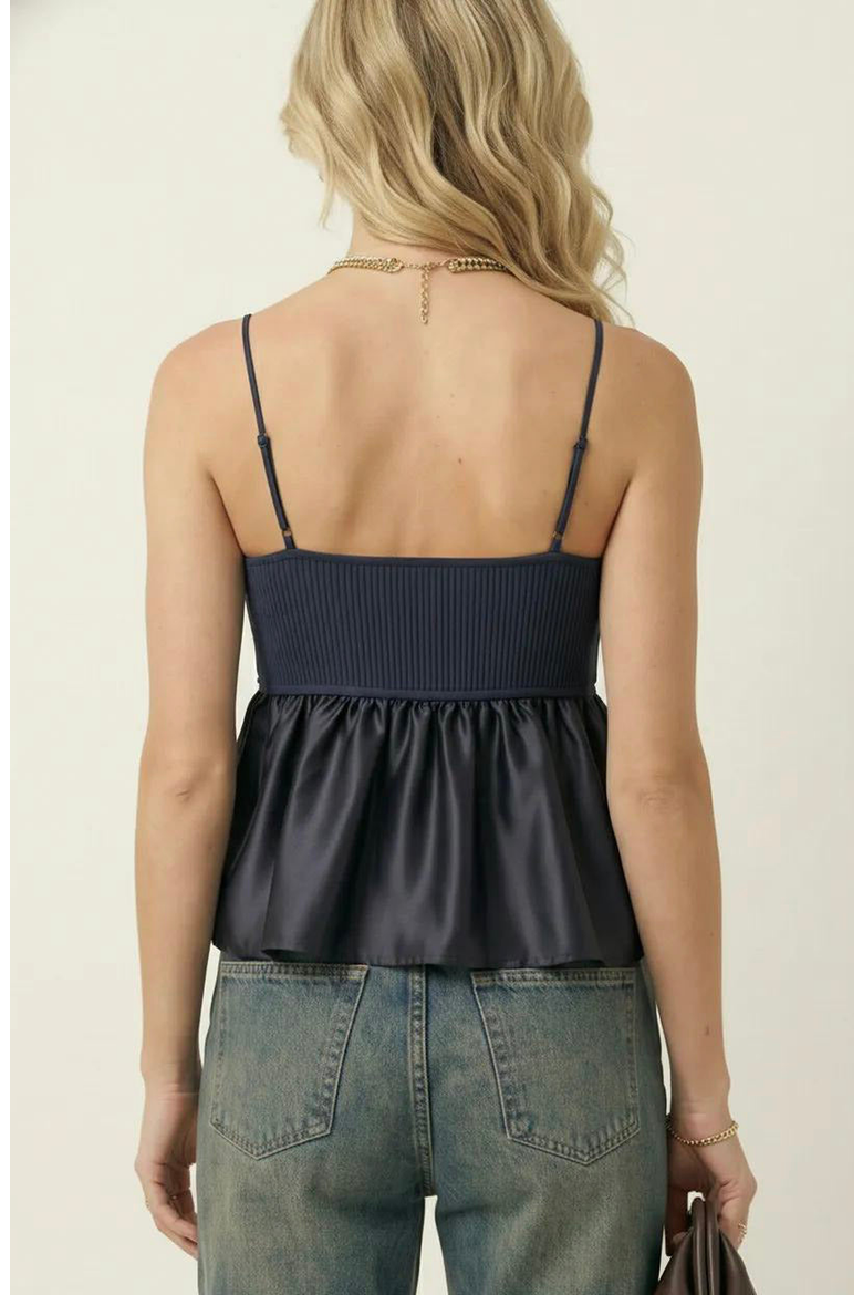 Knit Ribbed Bodice Satin Babydoll Cami Top, Alternate, color, Navy Blue