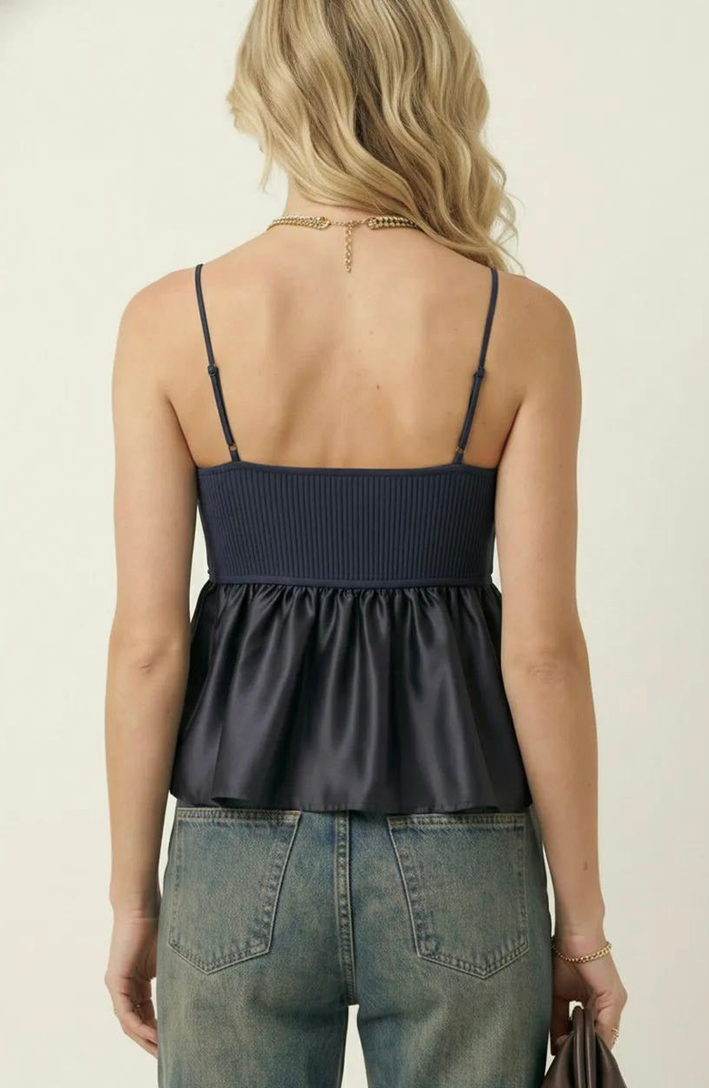 Modenaire Knit Ribbed Bodice Satin Babydoll Cami Top, Alternate, color, Navy Blue