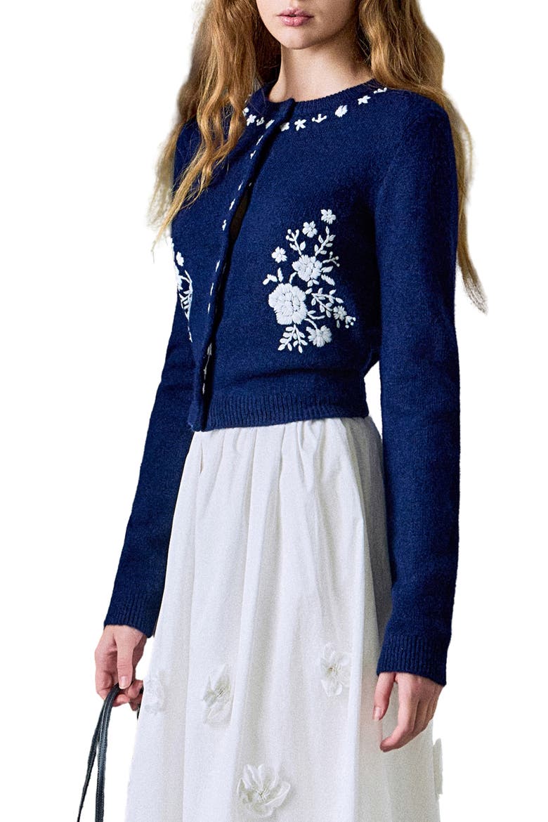 Floral Embroidered Cardigan, Alternate, color, NAVY/ WHITE