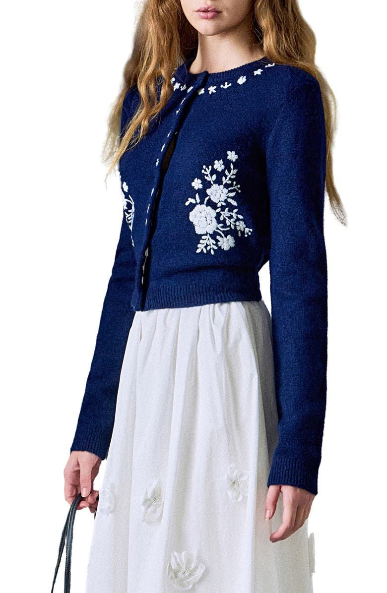 English Factory Floral Embroidered Cardigan, Alternate, color, Navy/ White