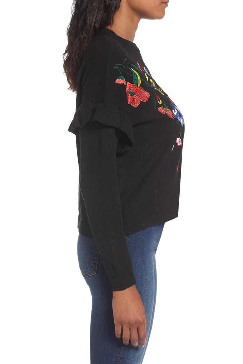 Ruffle Sleeve Embroidered Sweater, Alternate, color, BLACK