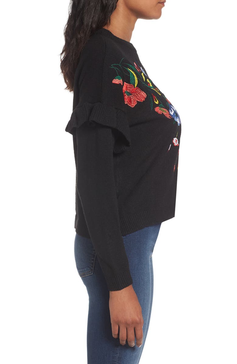 Woven Heart Ruffle Sleeve Embroidered Sweater, Alternate, color, 