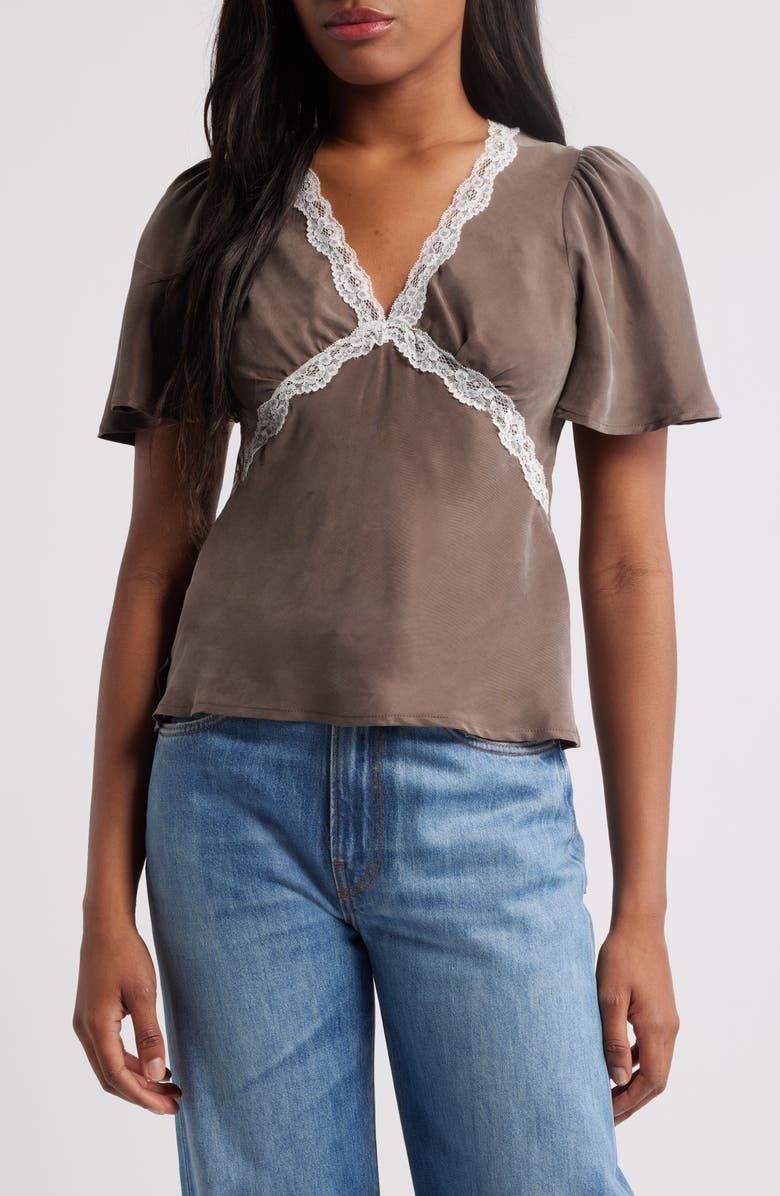 Petal & Pup Elianna Lace Trim Top, Main, color, Brown/ White