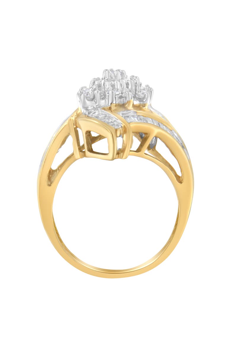 10K Gold 1.0 Cttw Round and Baguette Diamond Bypass Cluster Ring, Alternate, color, Yellow Gold