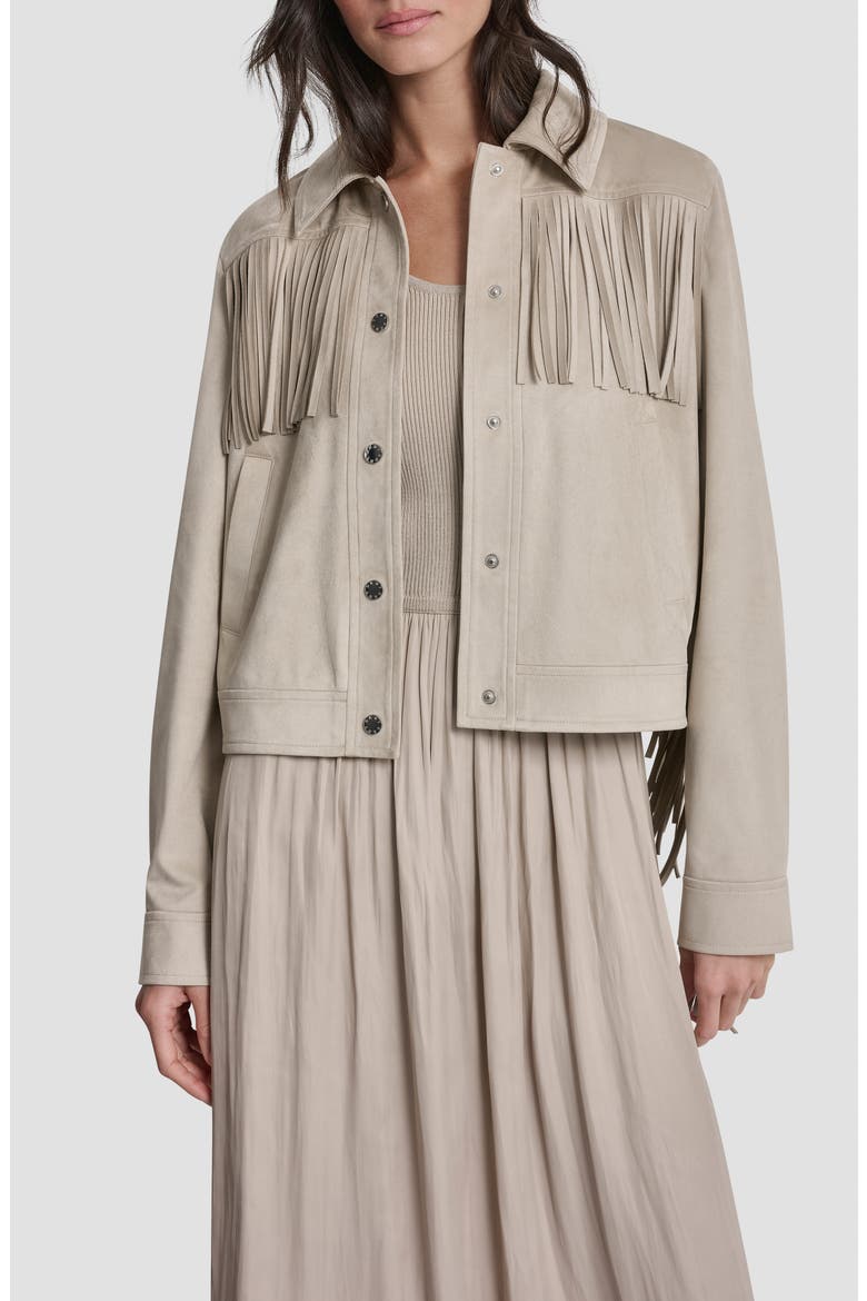 Fringe Trim Faux Suede Jacket, Alternate, color, PEBBLE