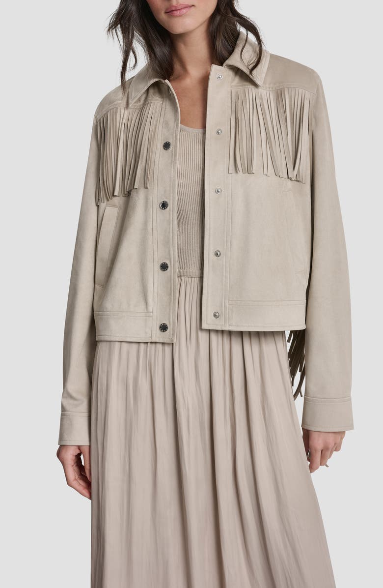 DKNY Fringe Trim Faux Suede Jacket, Alternate, color, Pebble