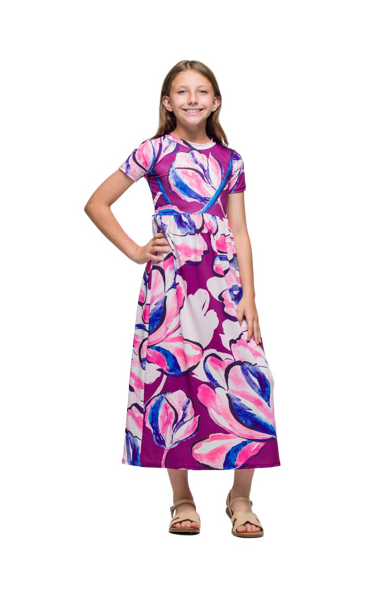 24sevenKid Purple Floral Print Short Sleeve Maxi Dress, Main, color, Pink Multi