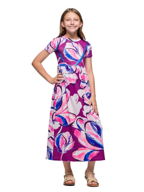 Purple Floral Print Short Sleeve Maxi Dress