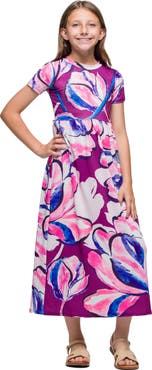 24sevenKid Purple Floral Print Short Sleeve Maxi Dress