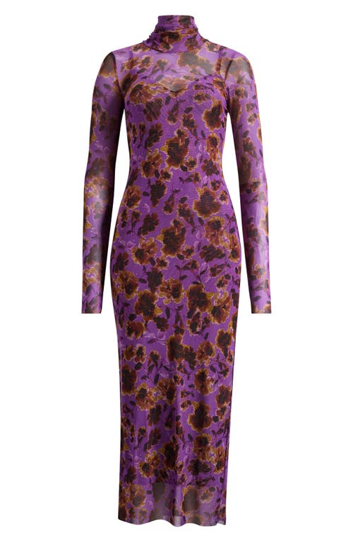 Afrm Bryony Turtleneck Long Sleeve Mesh Maxi Dress In Purple