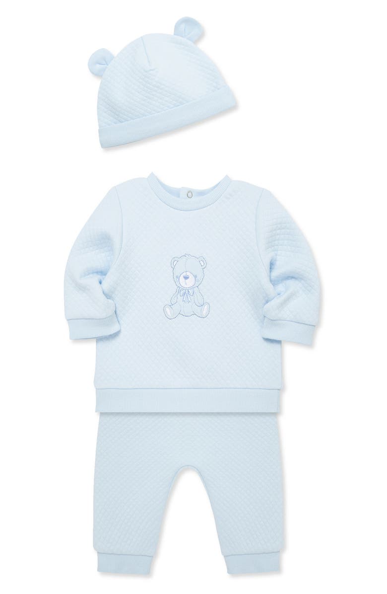 Little Me Bear Quilt Hat, Pullover & Pants Set, Alternate, color, Blue