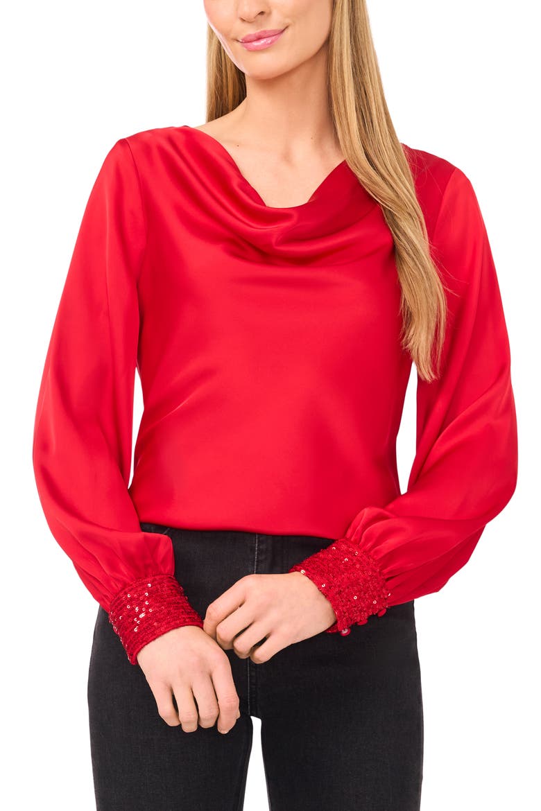 Cowl Neck Sequin Cuff Charmeuse Top, Main, color, STOPLIGHT RED