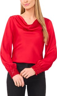 CeCe Cowl Neck Sequin Cuff Charmeuse Top