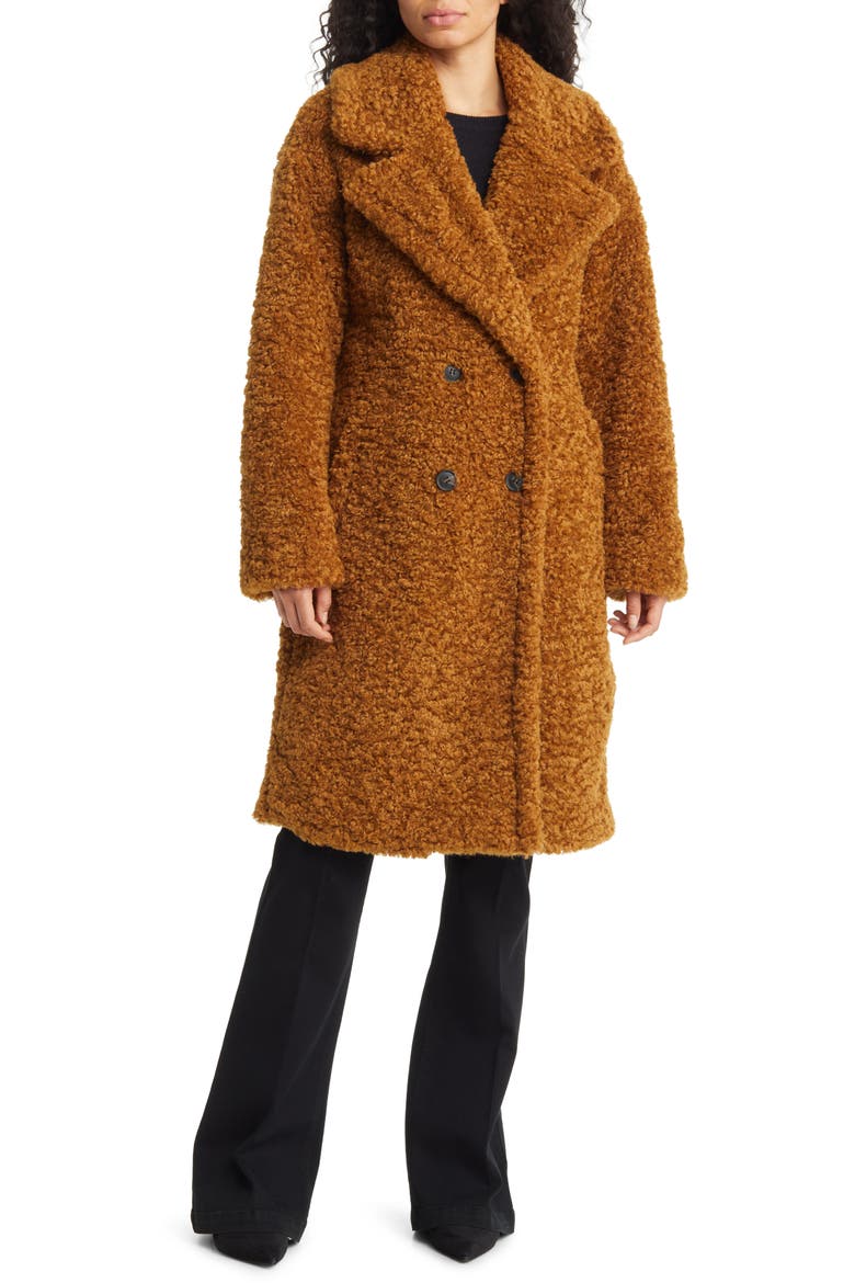Double Breasted Faux Fur Teddy Coat, Alternate, color, TOFFEE