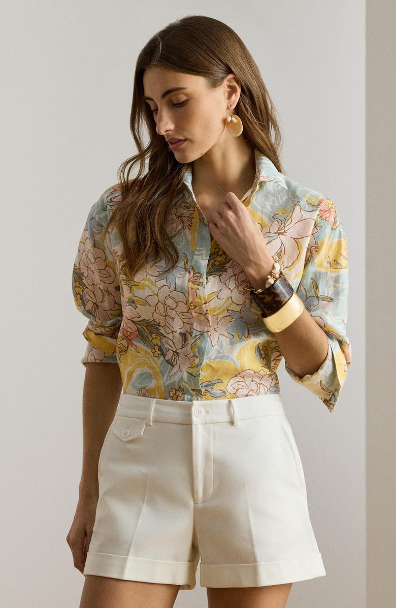 Lauren Ralph Lauren Floral Print Linen Shirt, Alternate, color, Cream/ Blue Multi