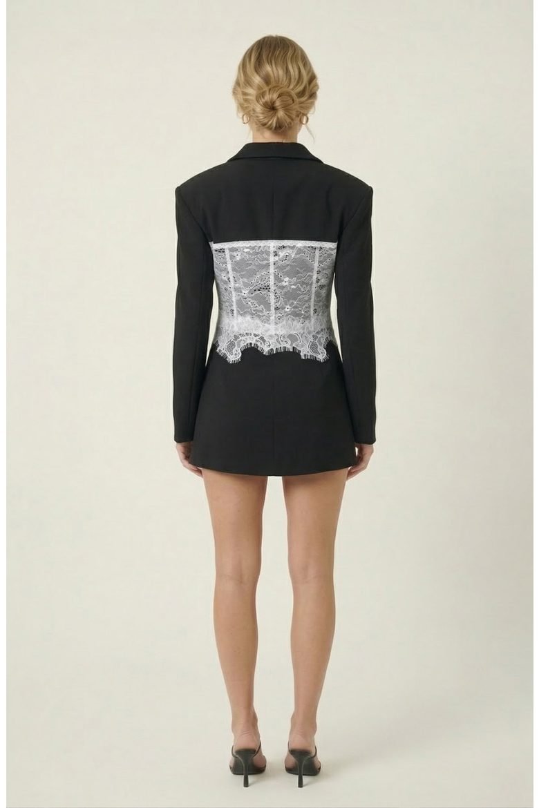Lace Corset Detail Blazer, Alternate, color, Black / White