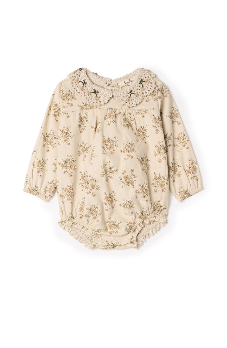 LOLA Flower Crochet Collar Corduroy Floral Bubble Romper, Main, color, Dark Almond