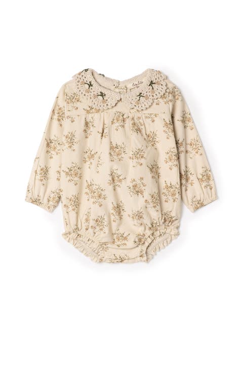 Flower Crochet Collar Corduroy Floral Bubble Romper (Baby)