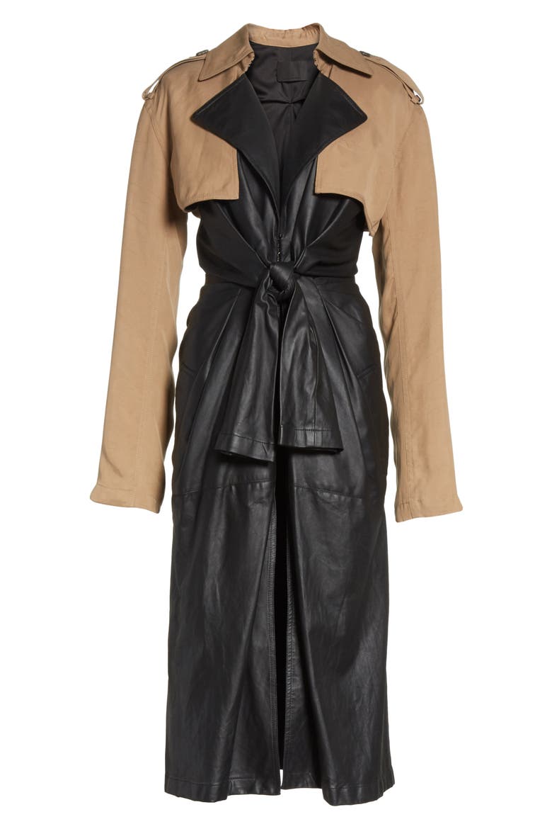 Tie Front Leather & Twill Trench Coat, Alternate, color, BLACK