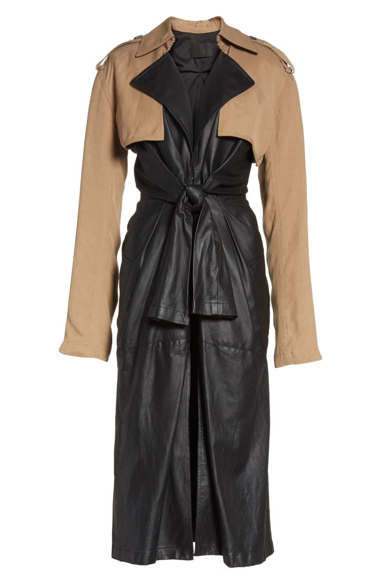Alexander Wang Tie Front Leather & Twill Trench Coat, Alternate, color, 
