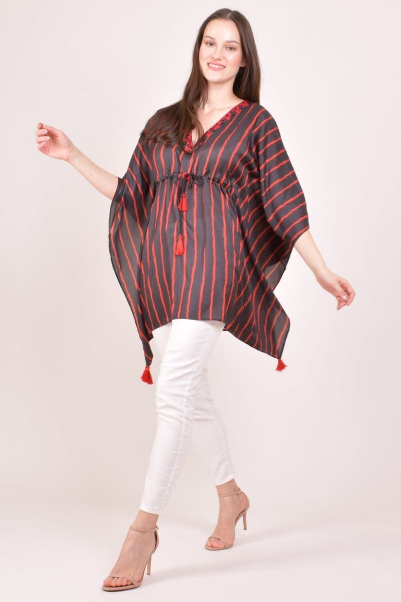 Floral Embroidered Stripe Drawstring Kaftan Top, Alternate, color, Black