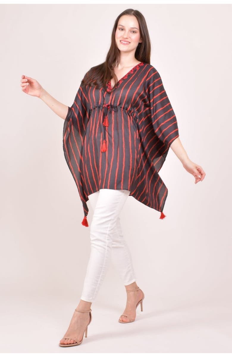 RAAS Floral Embroidered Stripe Drawstring Kaftan Top, Alternate, color, Black