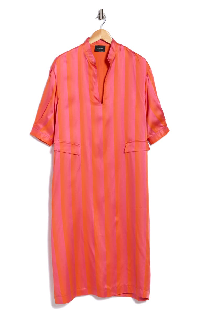 Longchamp Stripe Satin Split Neck Midi Dress, Alternate, color, Fuchsia/ Orange