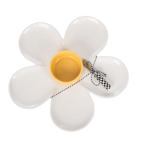 Daisy Platter & Bowl w/ Spreader Set of 3 Ceramic White 7.6 oz