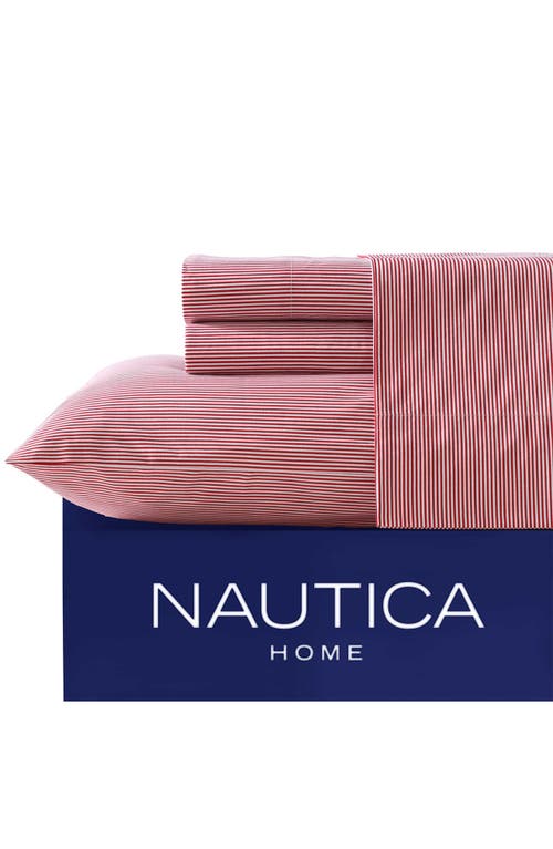 Nautica Penny Pinstripe 200 Thread Count Cotton Percale Sheet Set In White/red