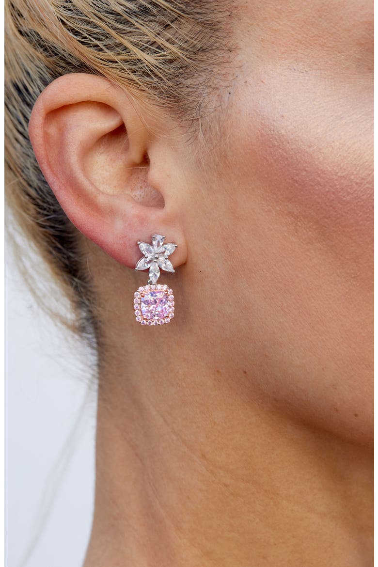 Cubic Zirconia Flower Cushion Drop Earrings, Alternate, color, FANCY PINK