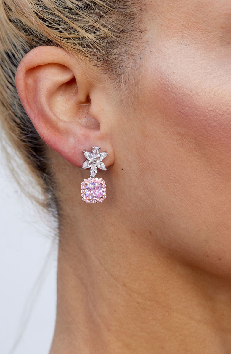 SAVVY CIE JEWELS Cubic Zirconia Flower Cushion Drop Earrings, Alternate, color, Fancy Pink